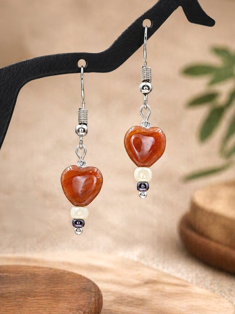 Heart Agate Drop Earrings Sterling Silver | Handmade - Picture 5 of 6